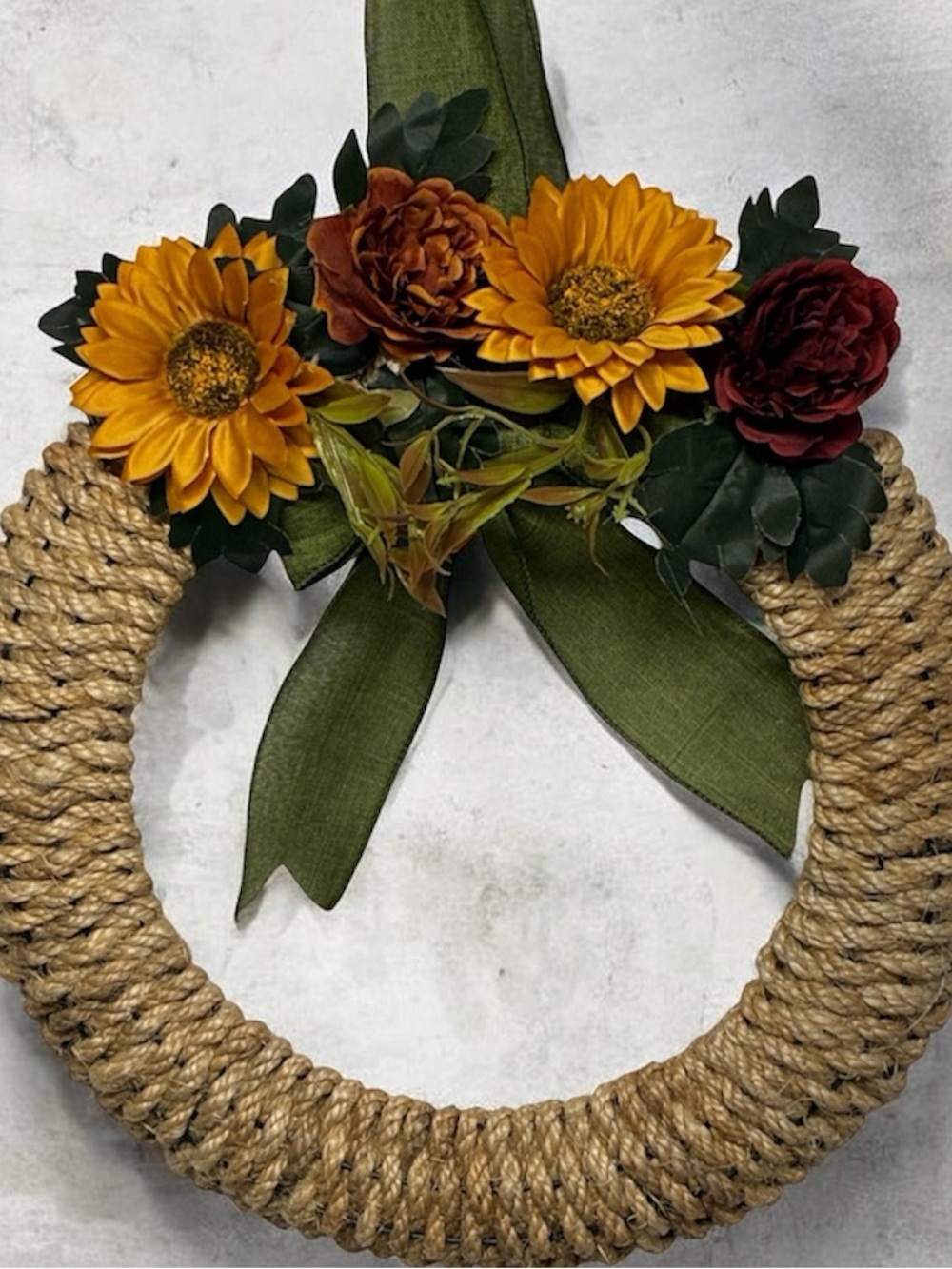 Hand Crafted Yellow and Burgundy Sunflower and Rose Rope Wreath with Green Bow